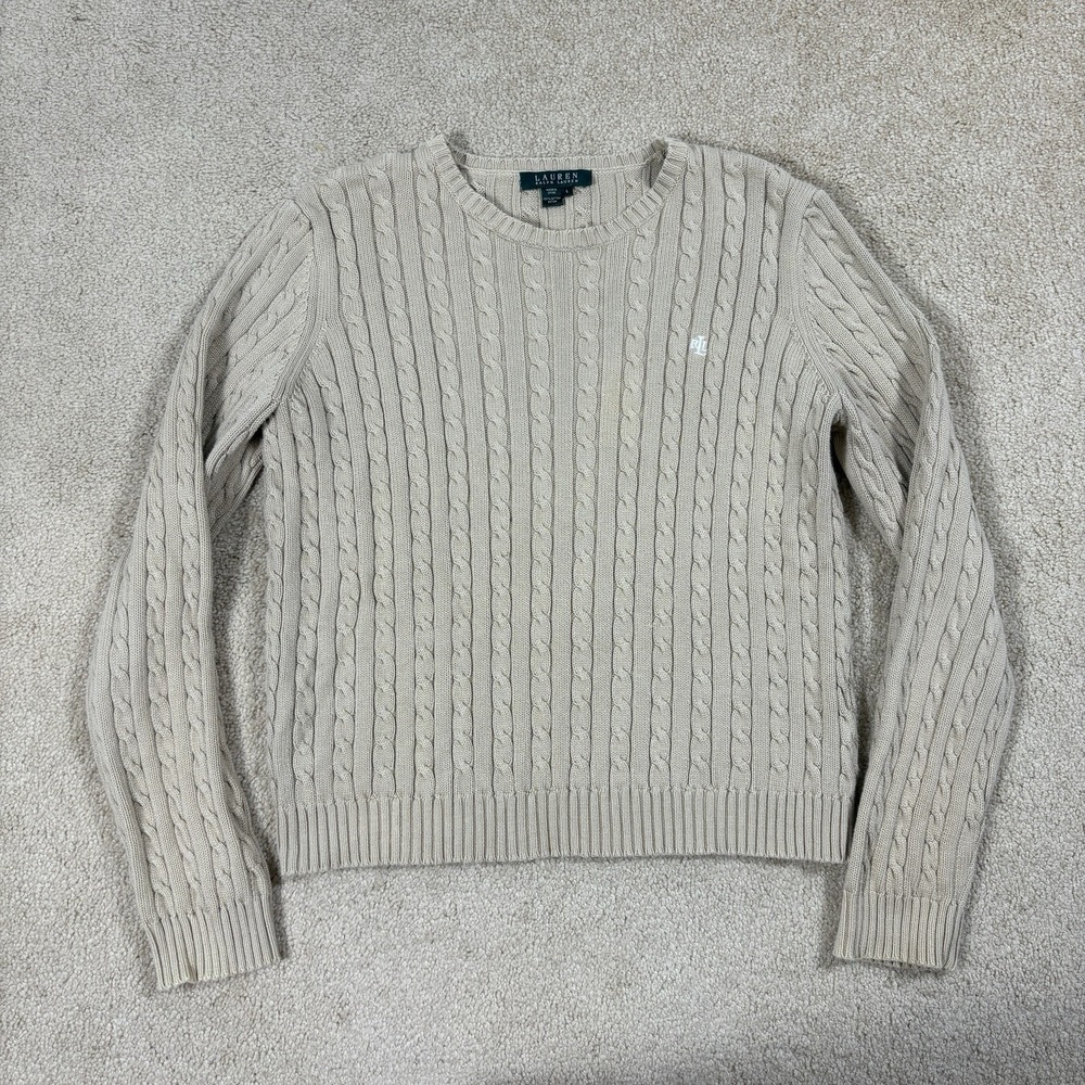 Lauren Ralph Lauren Women Beige Cable Knit Crewneck Sweater Top Size Large Logo